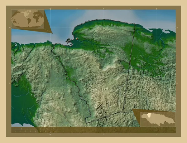 Szent Jakab Jamaica Plébániája Színes Domborzati Térkép Tavakkal Folyókkal Saroktérképek — Stock Fotó