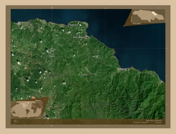 圣玛丽 牙买加教区 低分辨率卫星地图 该区域主要城市的地点和名称 角辅助位置图 — 图库照片