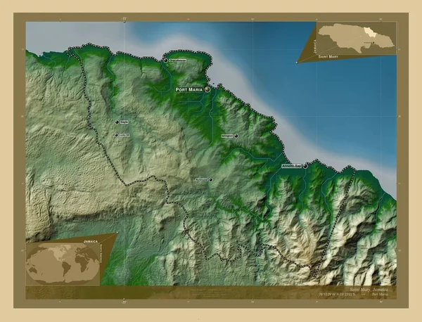 Santa Maria Parrocchia Della Giamaica Mappa Elevazione Colorata Con Laghi — Foto Stock