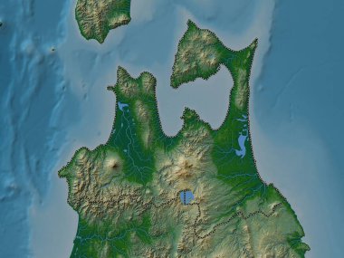 Aomori, Japonya ili. Gölleri ve nehirleri olan renkli yükseklik haritası