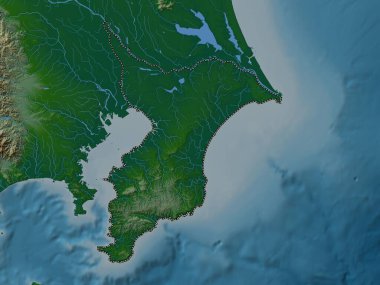 Chiba, Japonya Eyaleti. Gölleri ve nehirleri olan renkli yükseklik haritası