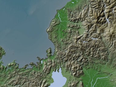 Fukui, Japonya ili. Yükseklik haritası göller ve nehirlerle wiki stilinde renklendirilmiştir