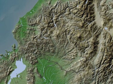 Gifu, Japonya ili. Yükseklik haritası göller ve nehirlerle wiki stilinde renklendirilmiştir