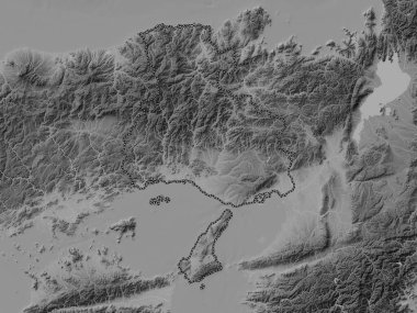 Hyogo, Japonya vilayeti. Gölleri ve nehirleri olan gri tonlama yükseklik haritası