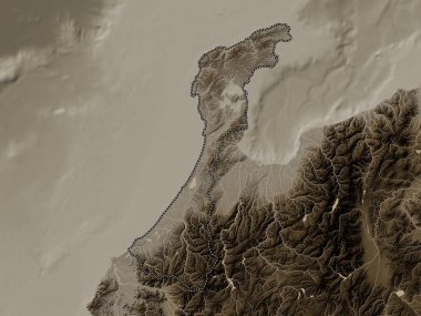 Ishikawa, Japonya ili. Yükseklik haritası sepya tonlarında göller ve nehirlerle renklendirilmiş