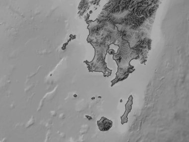 Kagoshima, Japonya ili. Gölleri ve nehirleri olan gri tonlama yükseklik haritası