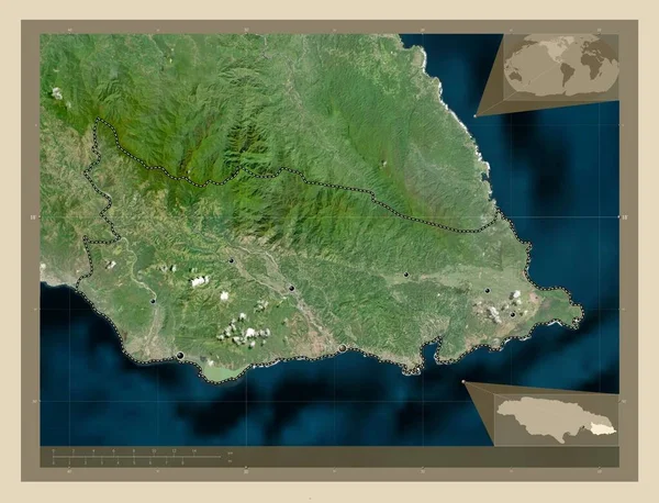 聖トーマス ジャマイカ教区 高解像度衛星地図 地域の主要都市の場所 コーナー補助位置図 — ストック写真