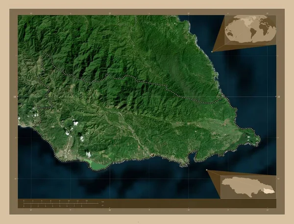 聖トーマス ジャマイカ教区 低解像度衛星地図 コーナー補助位置図 — ストック写真