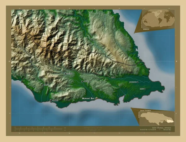 Святой Томас Приход Ямайки Цветная Карта Высоты Озерами Реками Места — стоковое фото