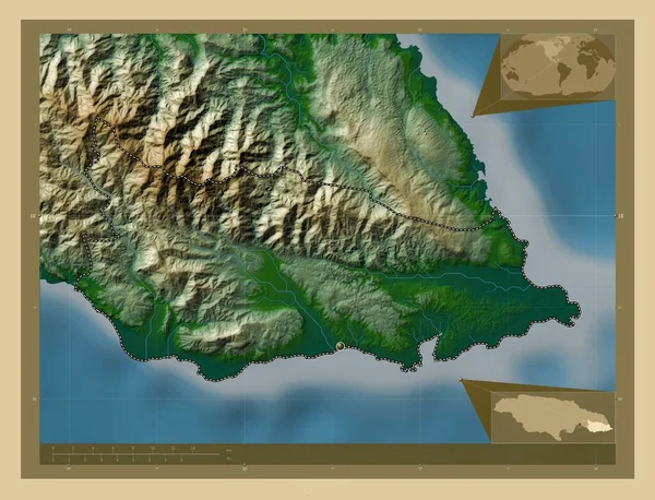 Святой Томас Приход Ямайки Цветная Карта Высоты Озерами Реками Вспомогательные — стоковое фото
