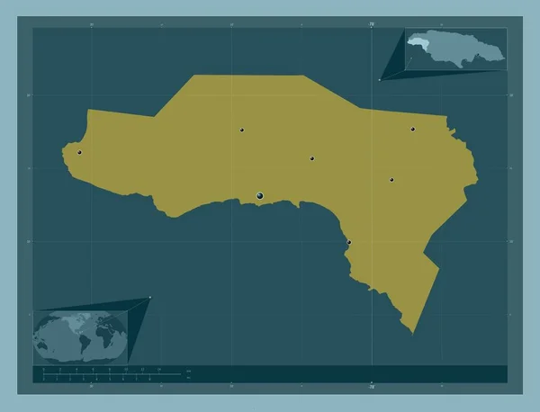 ウェストモアランド ジャマイカの教区 しっかりした色の形 地域の主要都市の場所 コーナー補助位置図 — ストック写真