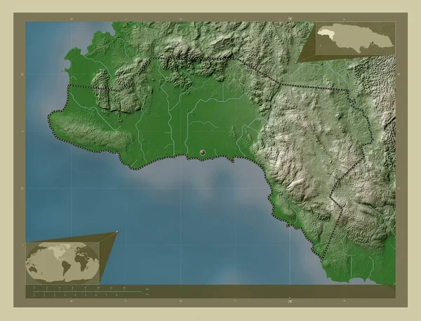 牙买加西莫兰教区 用Wiki风格绘制的带有湖泊和河流的高程地图 角辅助位置图 — 图库照片