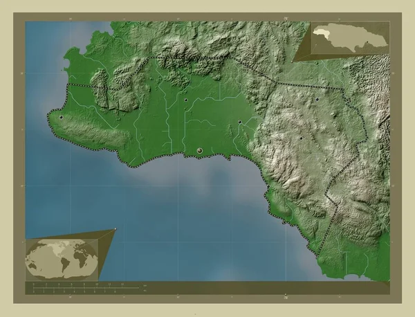 牙买加西莫兰教区 用Wiki风格绘制的带有湖泊和河流的高程地图 该区域主要城市的所在地点 角辅助位置图 — 图库照片