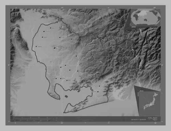 日本爱知县爱知带有湖泊和河流的灰度高程图 该区域主要城市的地点和名称 角辅助位置图 — 图库照片
