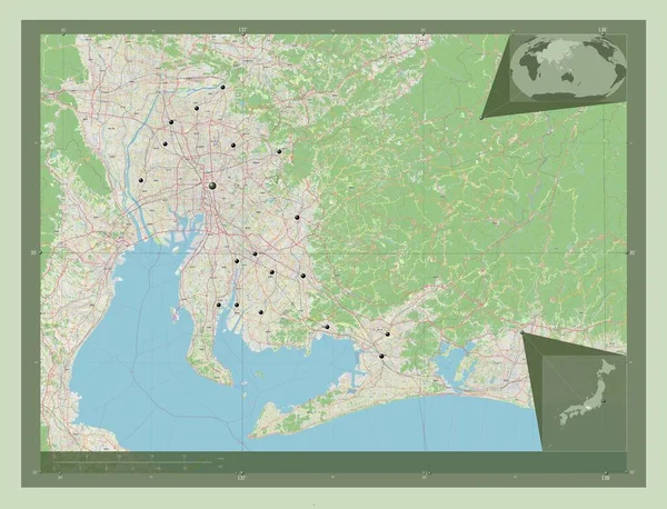 日本爱知县爱知开放街道地图 该区域主要城市的所在地点 角辅助位置图 — 图库照片