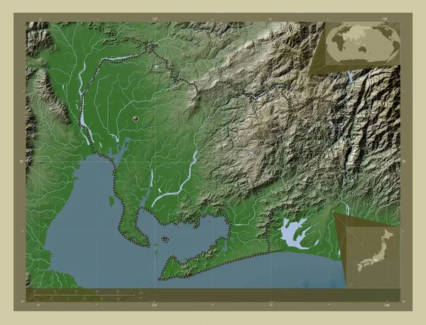 日本爱知县爱知用Wiki风格绘制的带有湖泊和河流的高程地图 角辅助位置图 — 图库照片