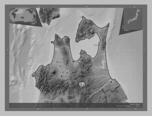Aomori Prefecture Japan Grayscale Elevation Map Lakes Rivers Locations Names — Stock Photo, Image