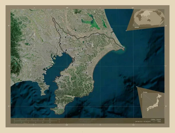 日本千叶县 高分辨率卫星地图 该区域主要城市的地点和名称 角辅助位置图 — 图库照片