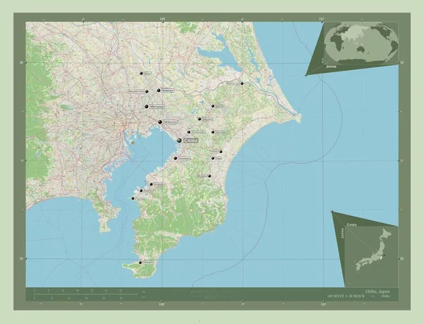 日本の千葉県 ストリートマップを開く 地域の主要都市の位置と名前 コーナー補助位置図 — ストック写真