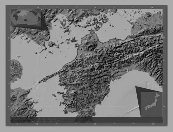 日本的Ehime省 带湖泊和河流的比尔维尔高程图 角辅助位置图 — 图库照片