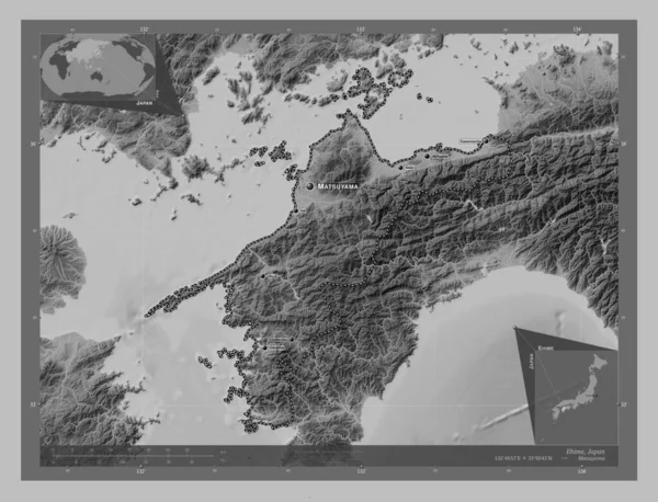 Ehime Prefekturen Japan Grayscale Höjdkarta Med Sjöar Och Floder Platser — Stockfoto