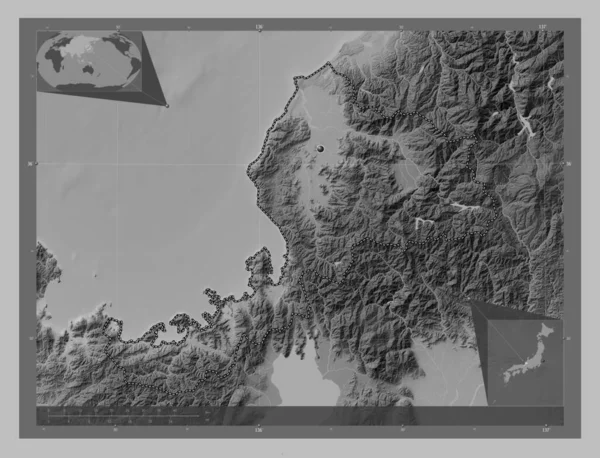 Фукуй Префектура Японії Граймасштабна Мапа Висот Озерами Річками Кутові Допоміжні — стокове фото