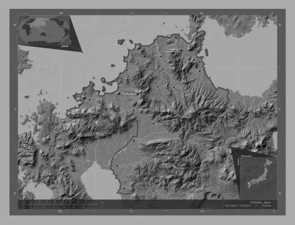 Fukuoka Préfecture Japon Carte Altitude Bilevel Avec Lacs Rivières Emplacements — Photo