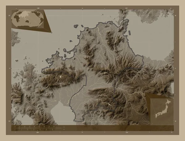 Fukuoka Prefektura Japonii Mapa Elewacji Kolorowe Sepia Dźwięki Jeziorami Rzekami — Zdjęcie stockowe