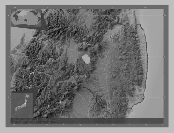 Fukushima Prefecture Japan Grayscale Elevation Map Lakes Rivers Corner Auxiliary — Stock Photo, Image