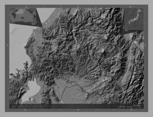 Gifu Prefektura Japonska Mapa Nadmořské Výšky Jezery Řekami Umístění Názvy — Stock fotografie