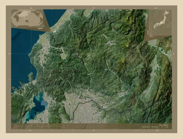 日本の岐阜県 高解像度衛星地図 地域の主要都市の位置と名前 コーナー補助位置図 — ストック写真