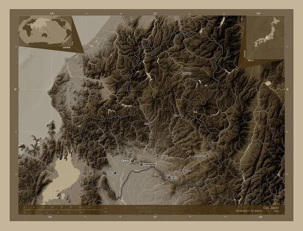 Gifu Prefectura Japón Mapa Elevación Coloreado Tonos Sepia Con Lagos — Foto de Stock