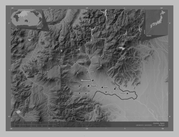Gunma Prefekturen Japan Grayscale Höjdkarta Med Sjöar Och Floder Platser — Stockfoto