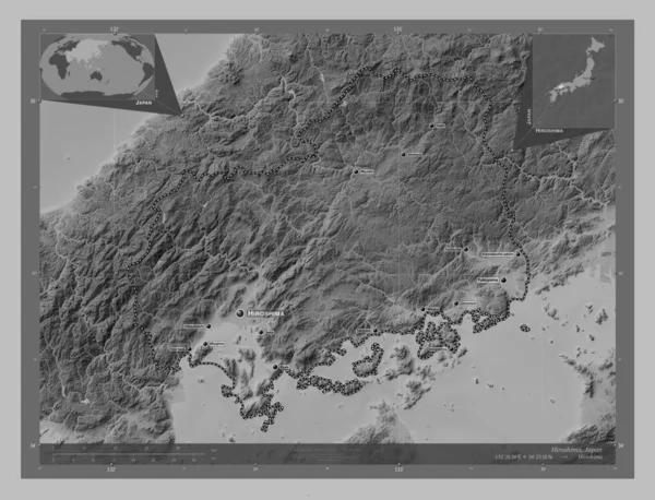 Hiroshima, prefecture of Japan. Grayscale elevation map with lakes and rivers. Locations and names of major cities of the region. Corner auxiliary location maps