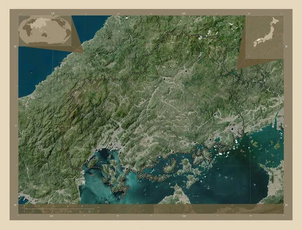 広島県出身 高解像度衛星地図 地域の主要都市の場所 コーナー補助位置図 — ストック写真