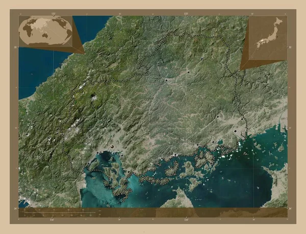 Хіросіма Префектура Японії Супутникова Карта Низькою Роздільною Здатністю Розташування Великих — стокове фото