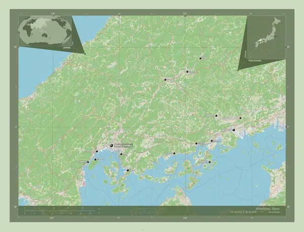 広島県出身 ストリートマップを開く 地域の主要都市の位置と名前 コーナー補助位置図 — ストック写真