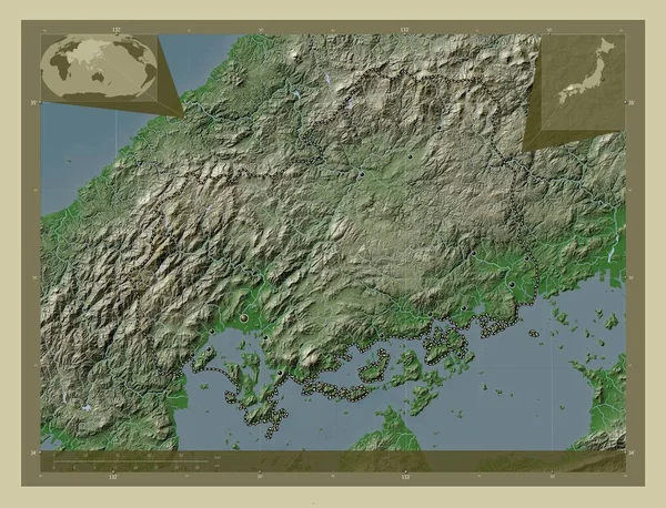 Hiroshima Prefectura Japón Mapa Elevación Coloreado Estilo Wiki Con Lagos —  Fotos de Stock