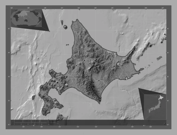 Hokkaido Okręg Japonii Dwupoziomowa Mapa Jeziorami Rzekami Lokalizacje Dużych Miast — Zdjęcie stockowe