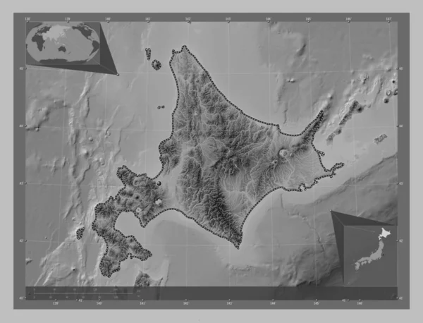 北海道 日本的电路 带有湖泊和河流的灰度高程图 角辅助位置图 — 图库照片