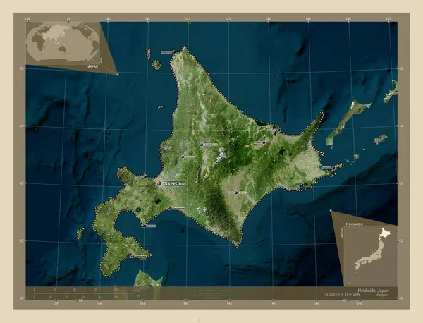 Хоккайдо Округ Японии Спутниковая Карта Высокого Разрешения Места Названия Крупных — стоковое фото