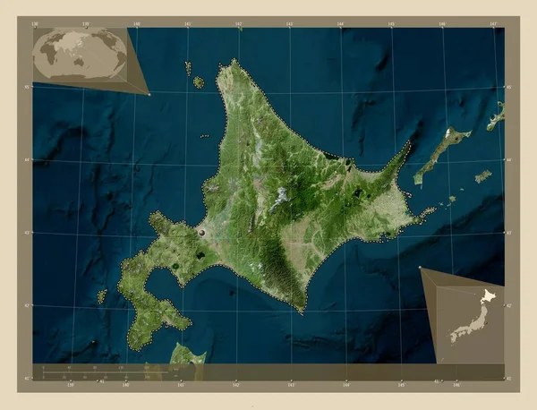 Χοκάιντο Κύκλωμα Της Ιαπωνίας Υψηλής Ανάλυσης Δορυφορικός Χάρτης Γωνιακοί Χάρτες — Φωτογραφία Αρχείου