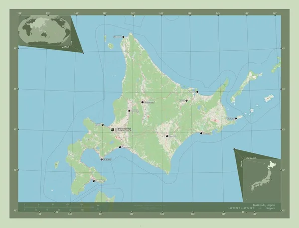 北海道 日本の回路 ストリートマップを開く 地域の主要都市の位置と名前 コーナー補助位置図 — ストック写真