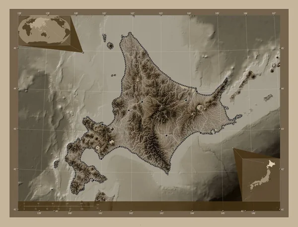 Хоккайдо Округ Японии Карта Высоты Окрашенная Сепиевые Тона Озерами Реками — стоковое фото