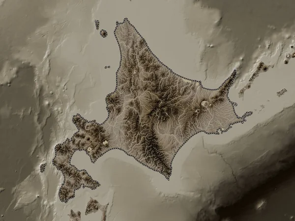 Hokkaido, circuit of Japan. Elevation map colored in sepia tones with lakes and rivers