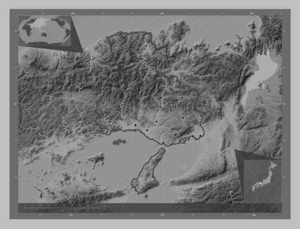 Hyogo Prefecture Japan Grayscale Elevation Map Lakes Rivers Locations Major — Stock Photo, Image