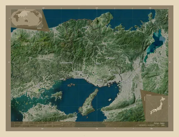 日本の兵庫県 高解像度衛星地図 地域の主要都市の位置と名前 コーナー補助位置図 — ストック写真