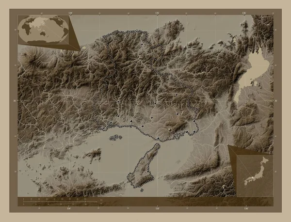 Hyogo Prefecture Japan Elevation Map Colored Sepia Tones Lakes Rivers — Stock Photo, Image