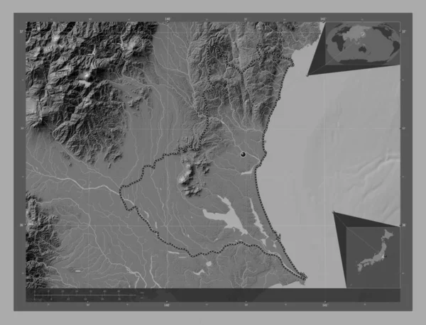 Ібаракі Префектура Японії Білевелівська Карта Висот Озерами Річками Кутові Допоміжні — стокове фото