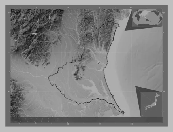 Ibaraki Prefectura Japón Mapa Elevación Escala Grises Con Lagos Ríos —  Fotos de Stock